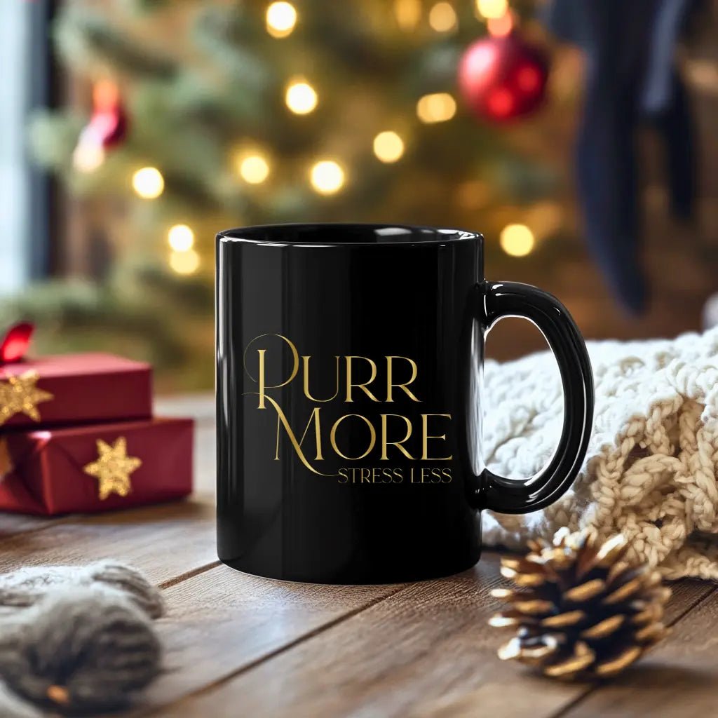 Purr More Stress Less Mug — Black Ceramic Cat Lover Coffee Cup (11oz, 15oz) - Chic Kitty
