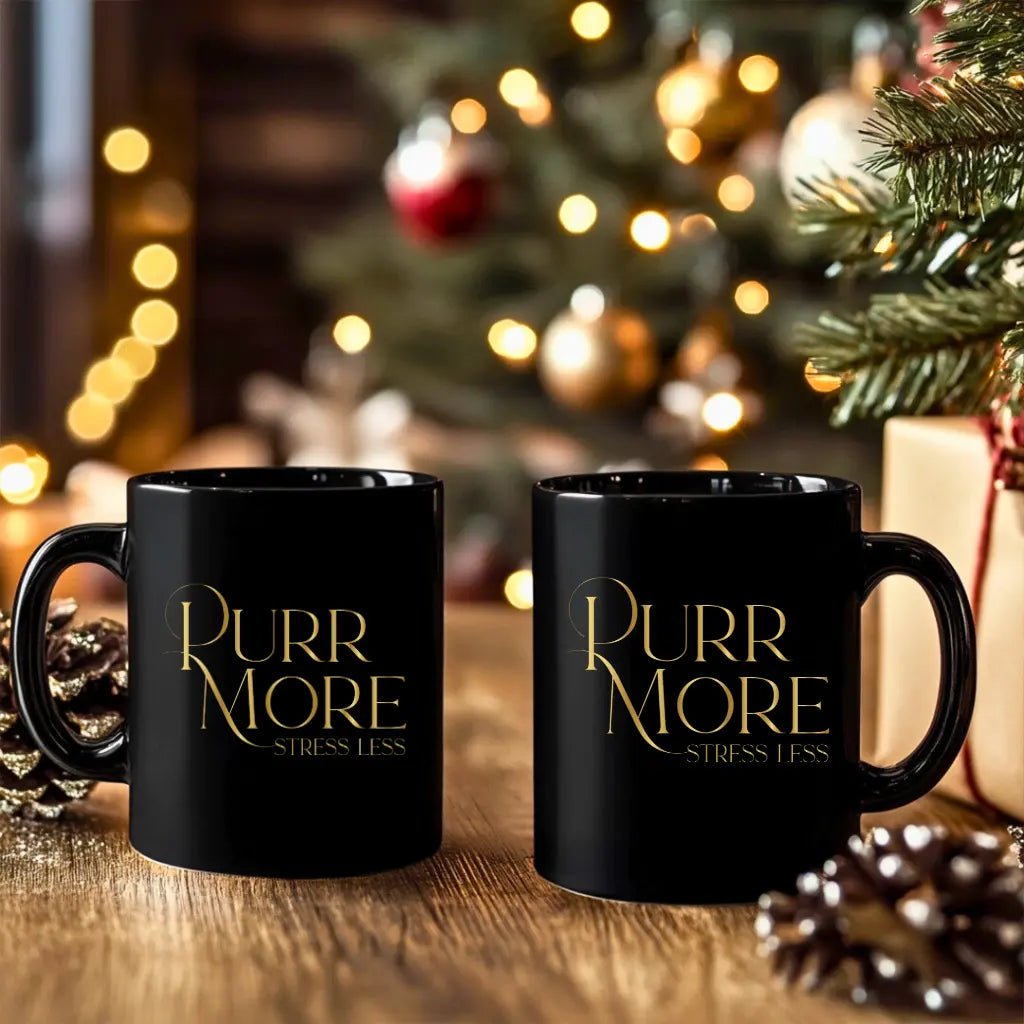 Purr More Stress Less Mug — Black Ceramic Cat Lover Coffee Cup (11oz, 15oz) - Chic Kitty