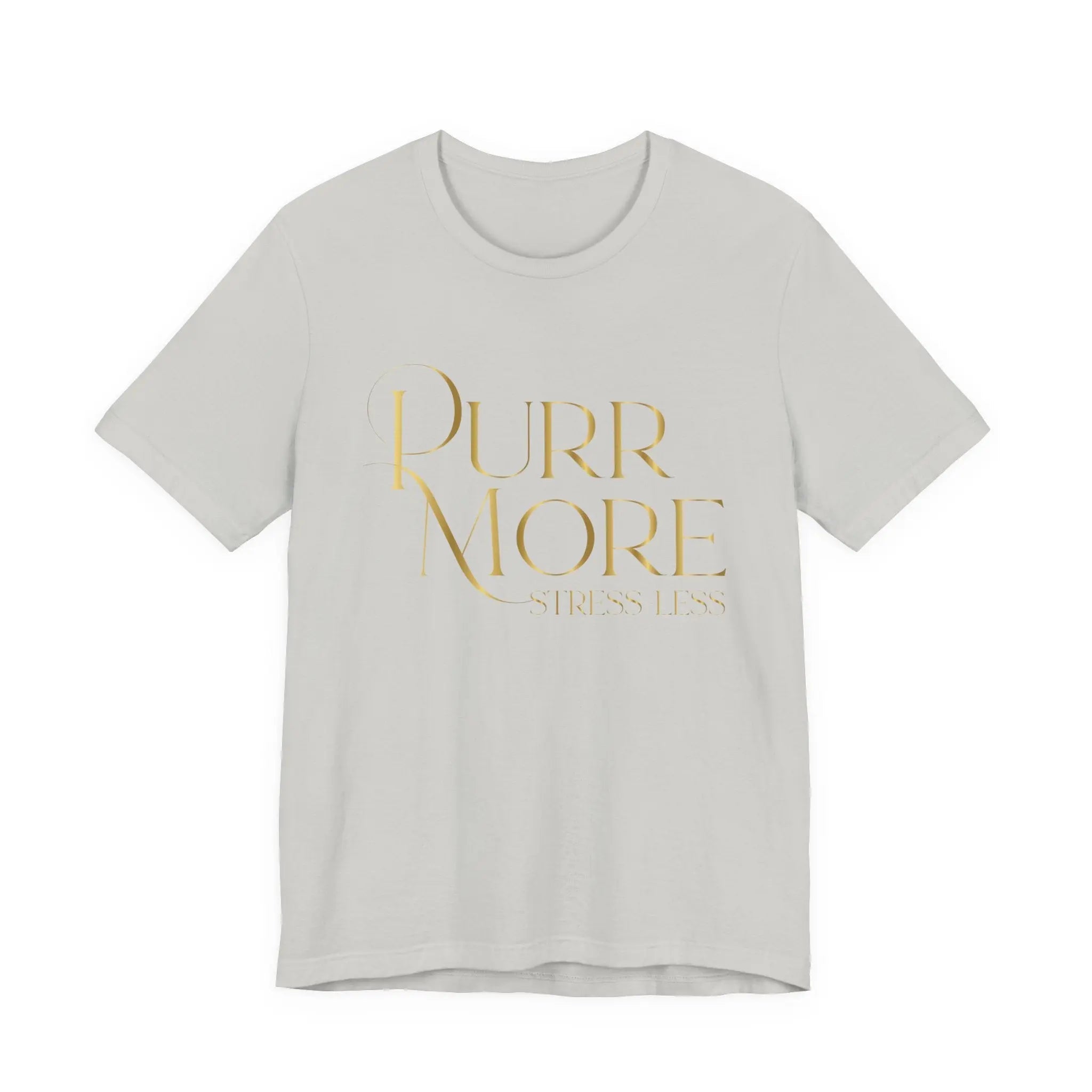 Purr More Stress Less Tee — Gold Script Cat Lover Shirt - Chic Kitty