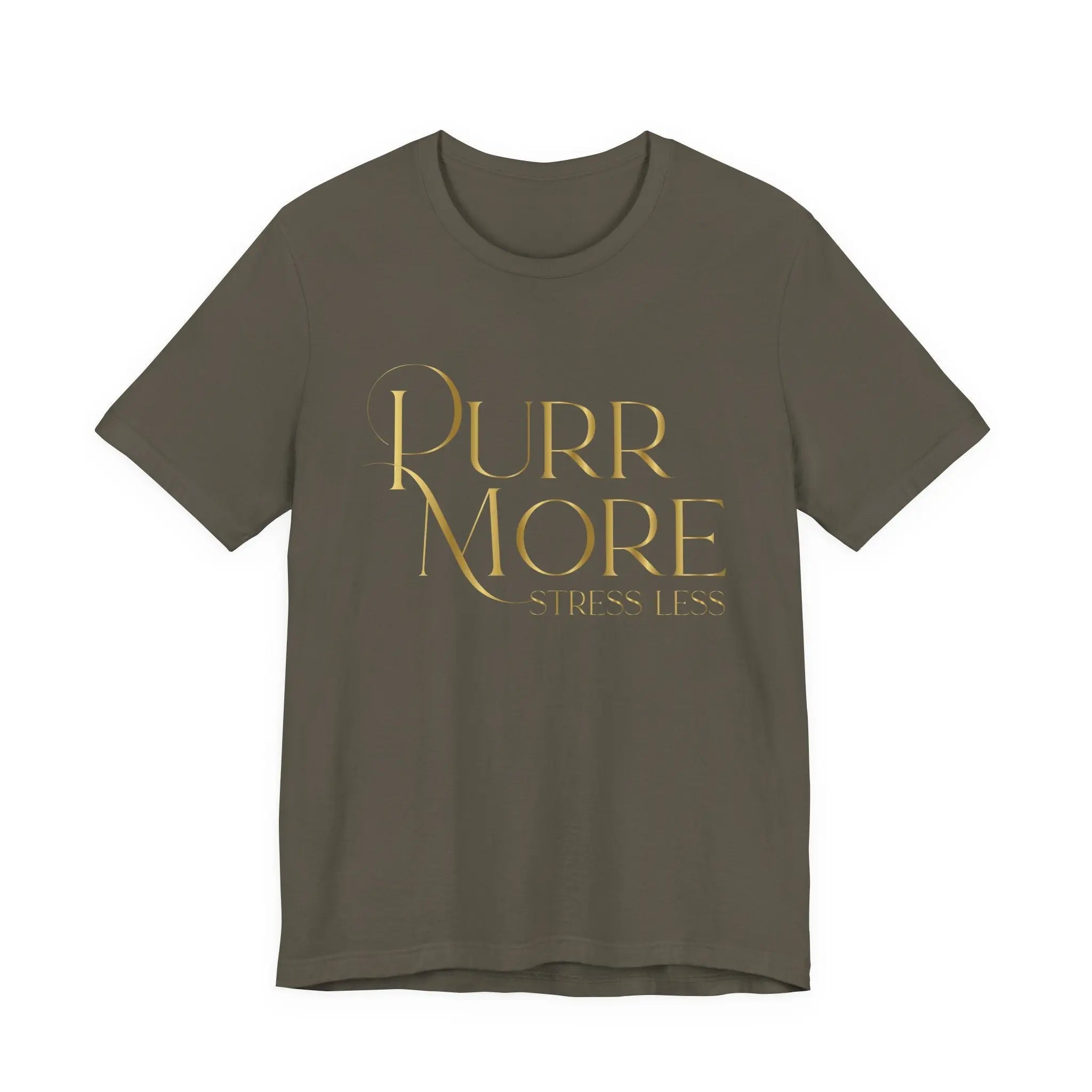 Purr More Stress Less Tee — Gold Script Cat Lover Shirt - Chic Kitty