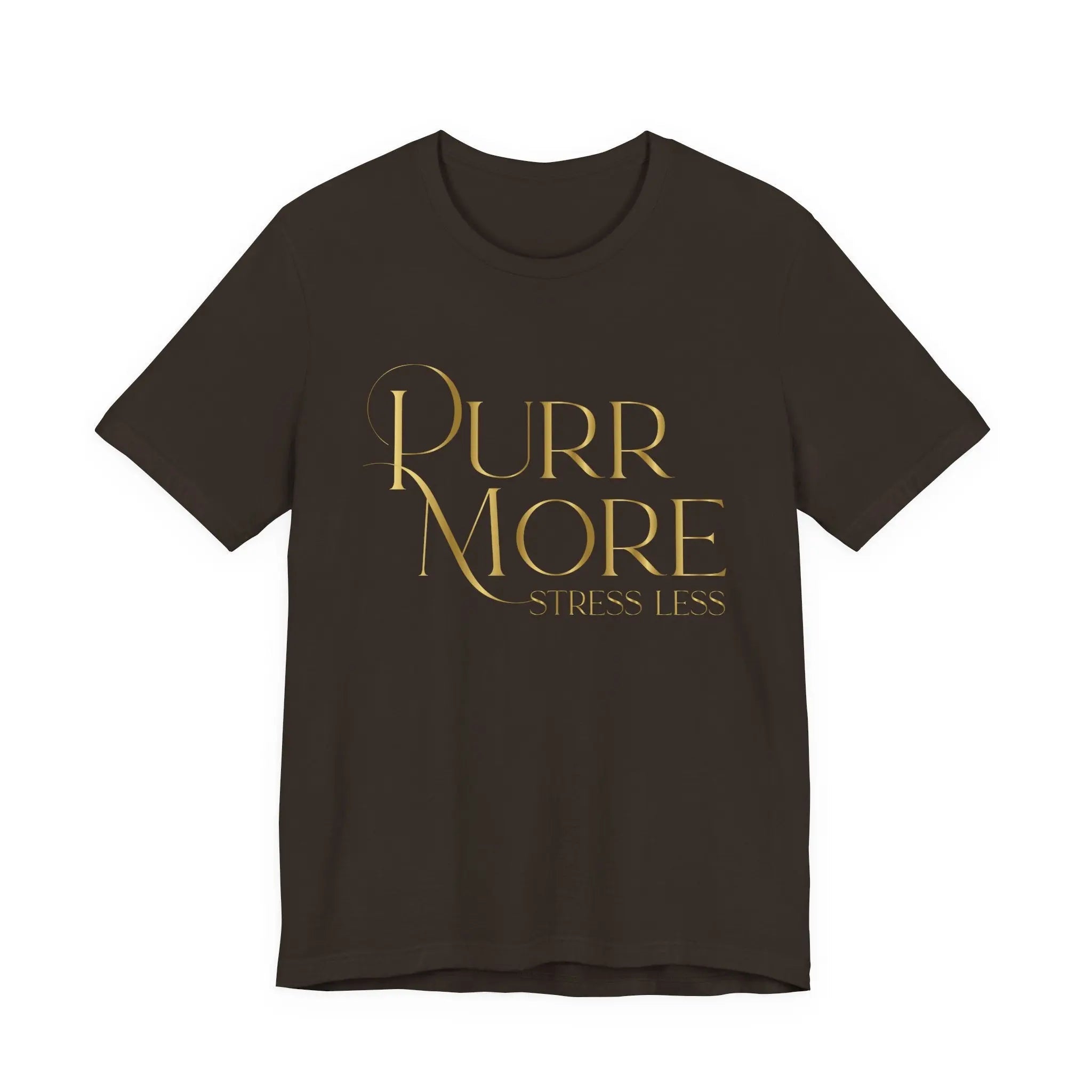 Purr More Stress Less Tee — Gold Script Cat Lover Shirt - Chic Kitty