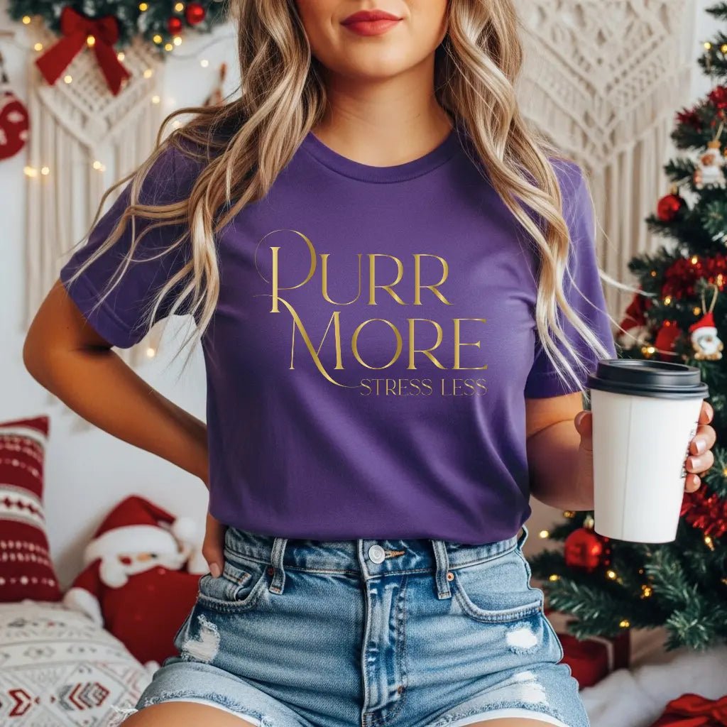 Purr More Stress Less Tee — Gold Script Cat Lover Shirt - Chic Kitty