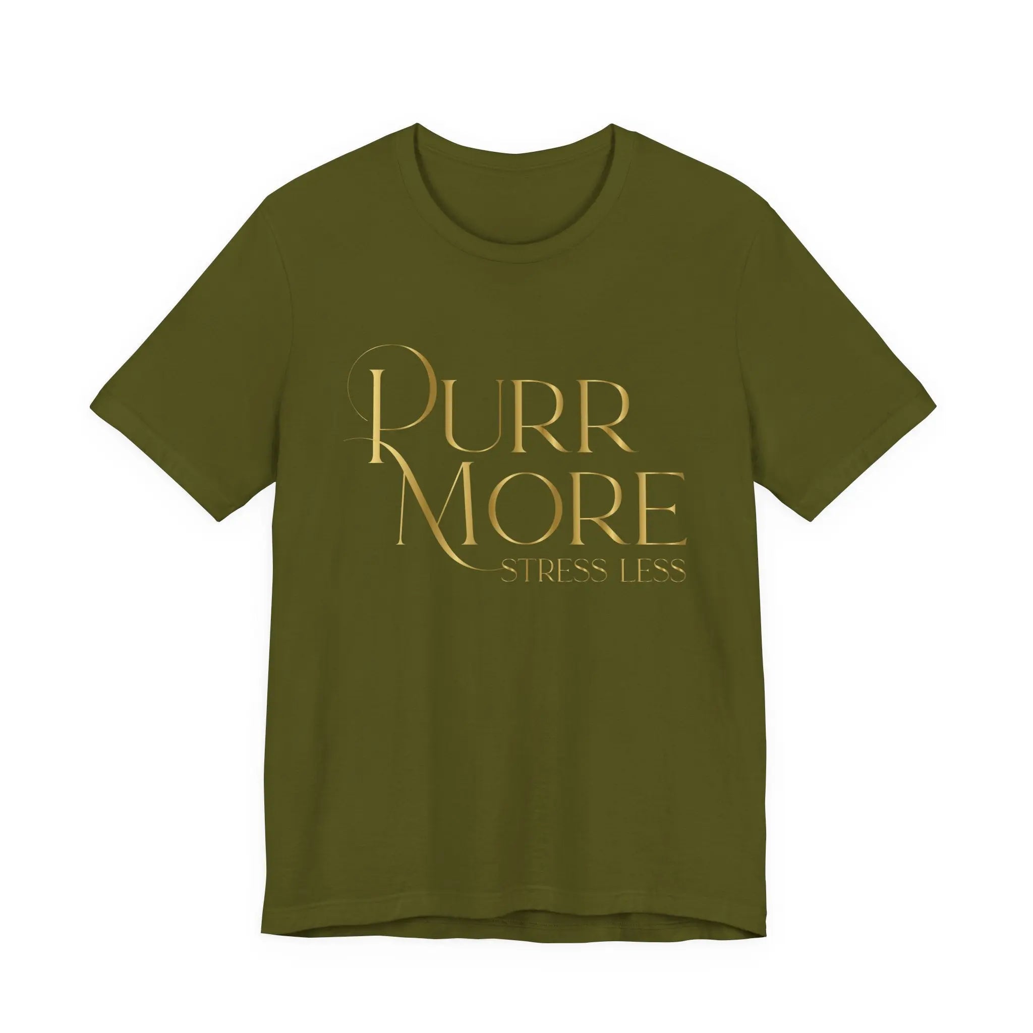 Purr More Stress Less Tee — Gold Script Cat Lover Shirt - Chic Kitty