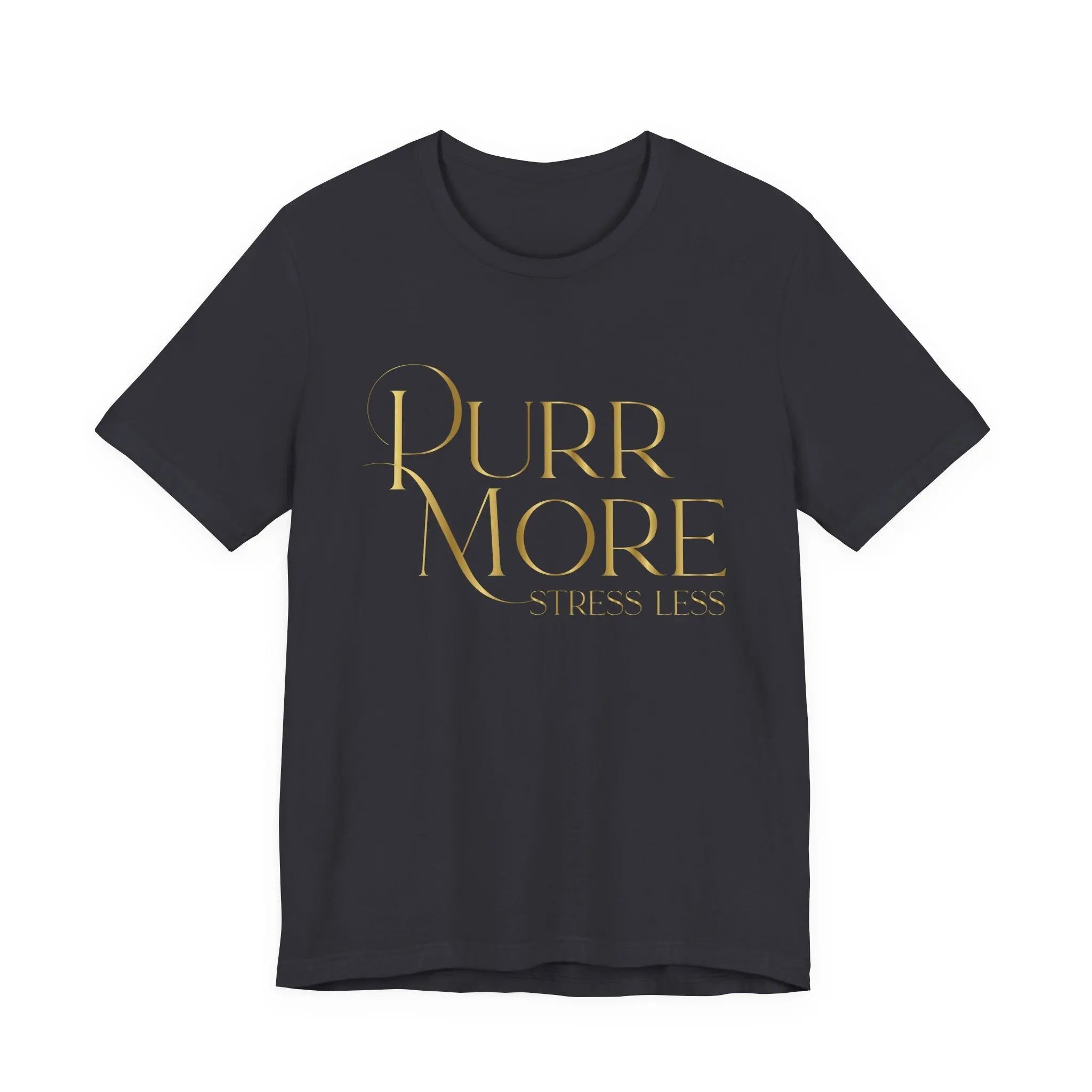Purr More Stress Less Tee — Gold Script Cat Lover Shirt - Chic Kitty