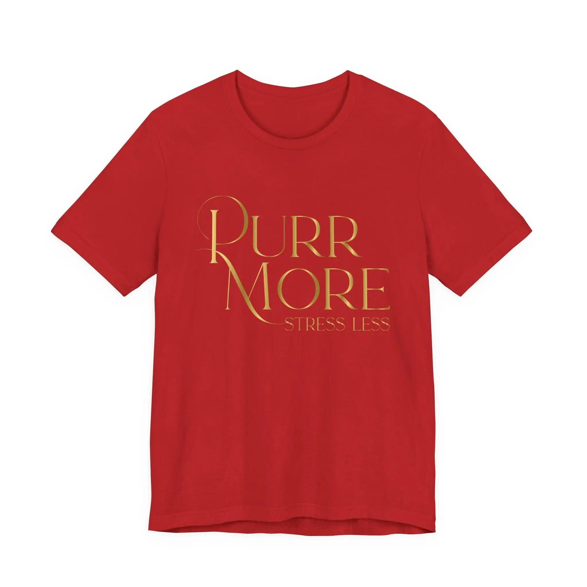 Purr More Stress Less Tee — Gold Script Cat Lover Shirt - Chic Kitty