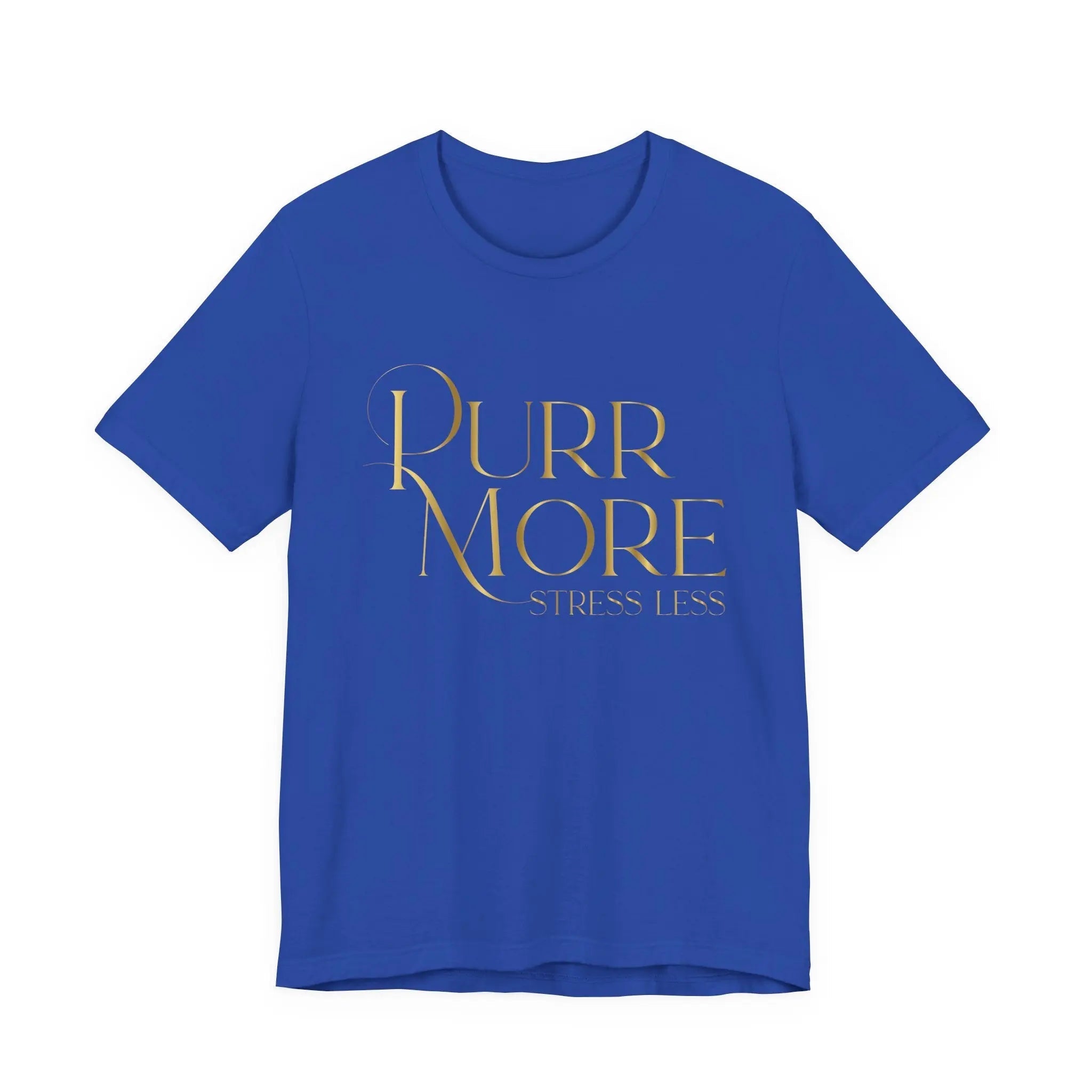 Purr More Stress Less Tee — Gold Script Cat Lover Shirt - Chic Kitty