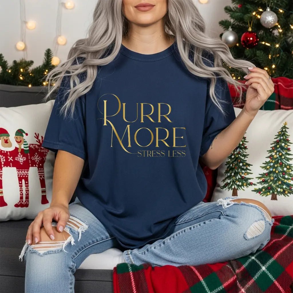 Purr More Stress Less Tee — Gold Script Cat Lover Shirt - Chic Kitty