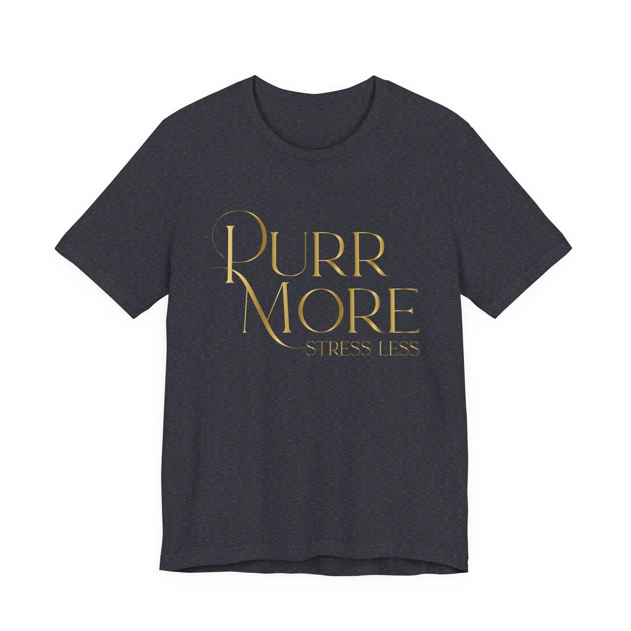 Purr More Stress Less Tee — Gold Script Cat Lover Shirt - Chic Kitty