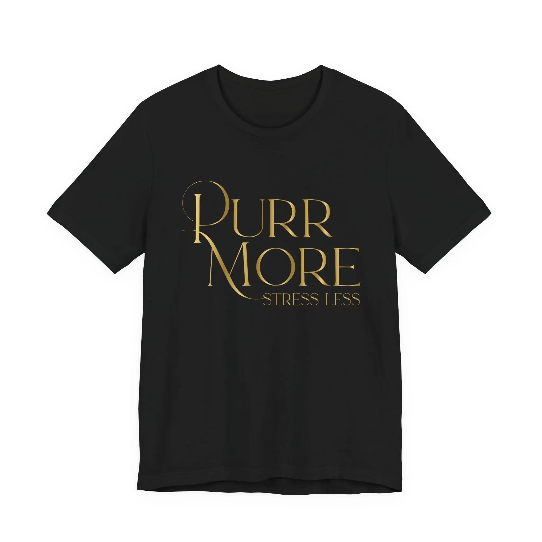 Purr More Stress Less Tee — Gold Script Cat Lover Shirt - Chic Kitty