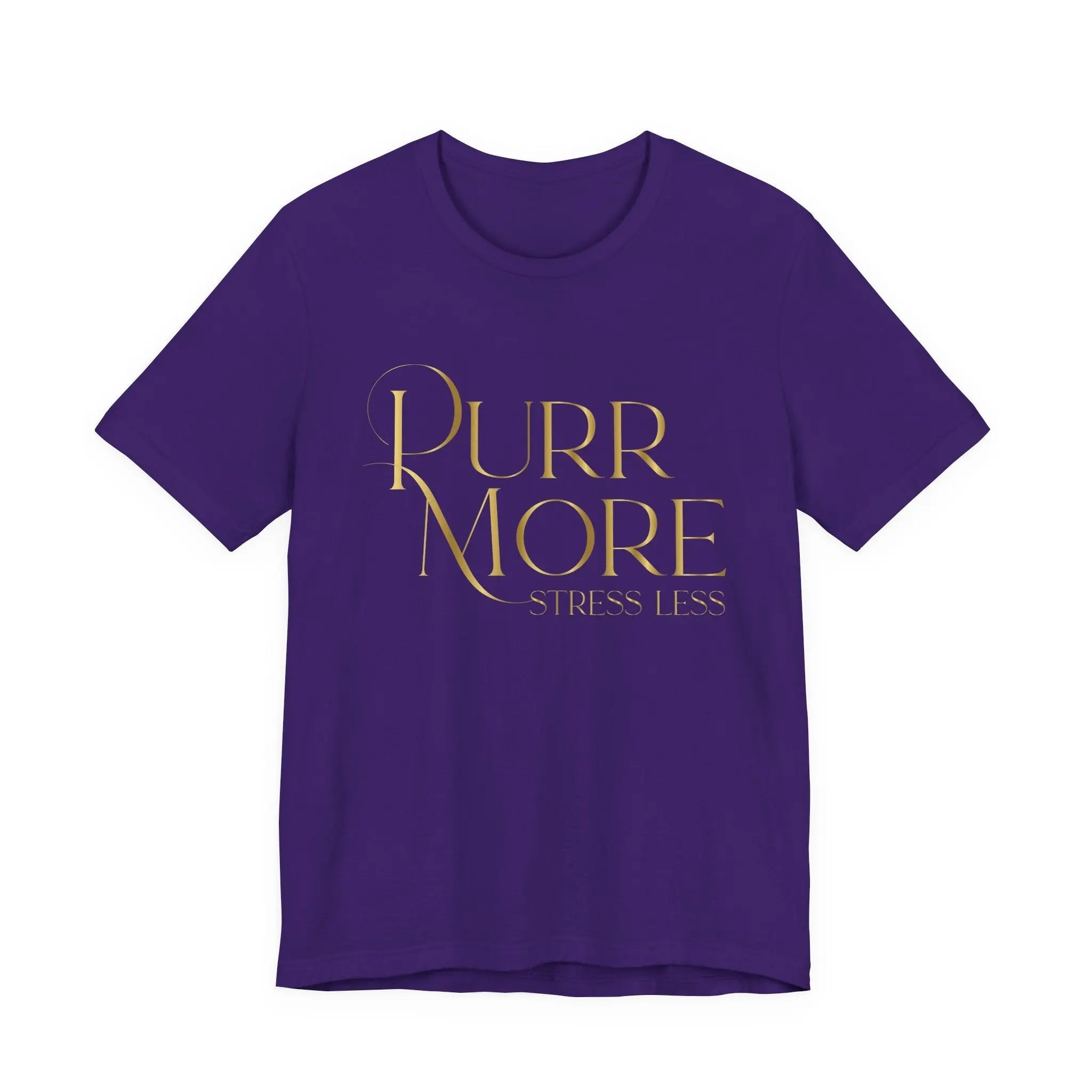 Purr More Stress Less Tee — Gold Script Cat Lover Shirt - Chic Kitty