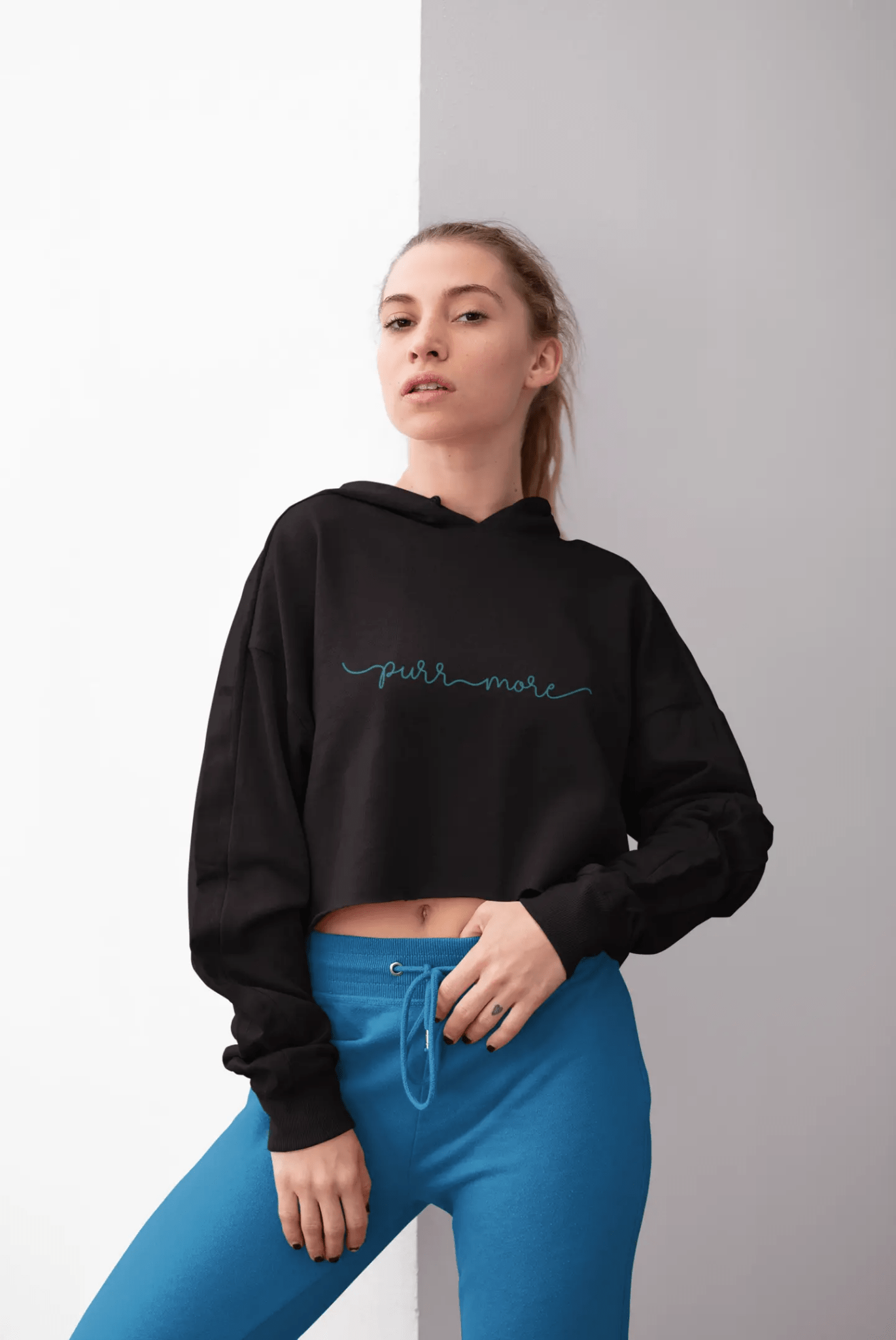 Purr More Women’s Cropped Hoodie - Cute Casual Streetwear - Chic Kitty