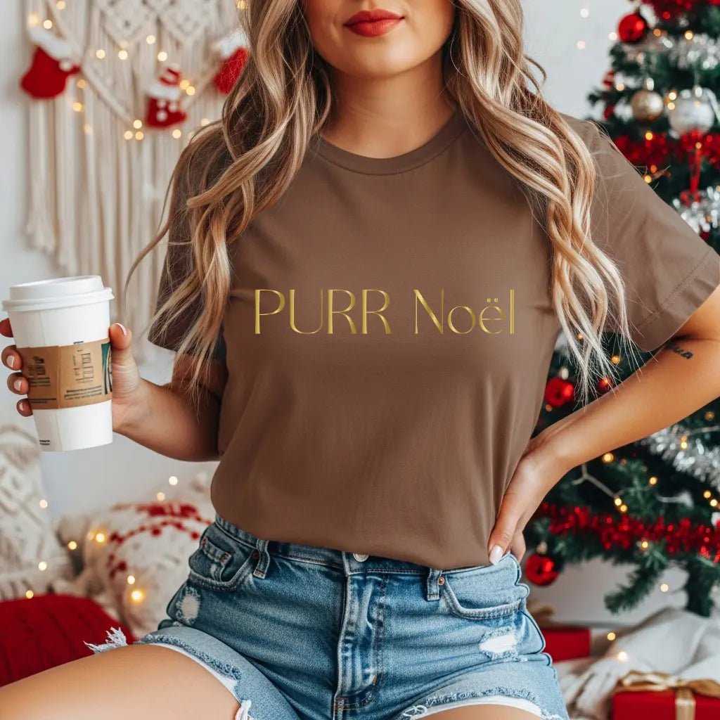 Purr Noël Tee - Gold Foil Cat Christmas Shirt - Chic Kitty