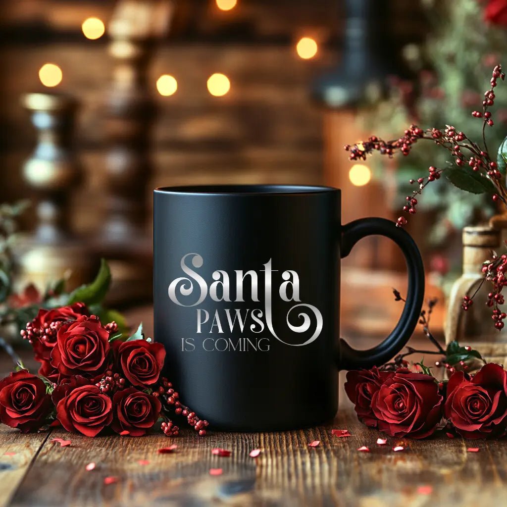 Santa Paws Is Coming Black Mug — Christmas Pet Lover Coffee Cup (11oz/15oz) - Chic Kitty