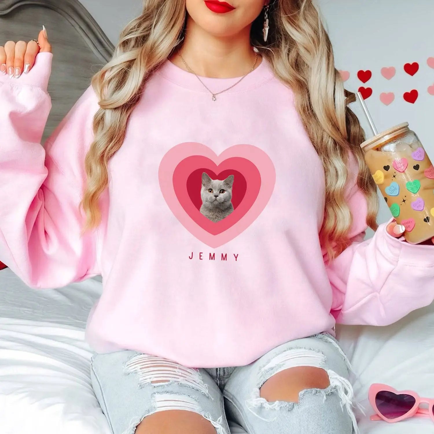 Valentine's Custom Pet Photo Heart Sweatshirt - Cozy Unisex Love & Style - Chic Kitty