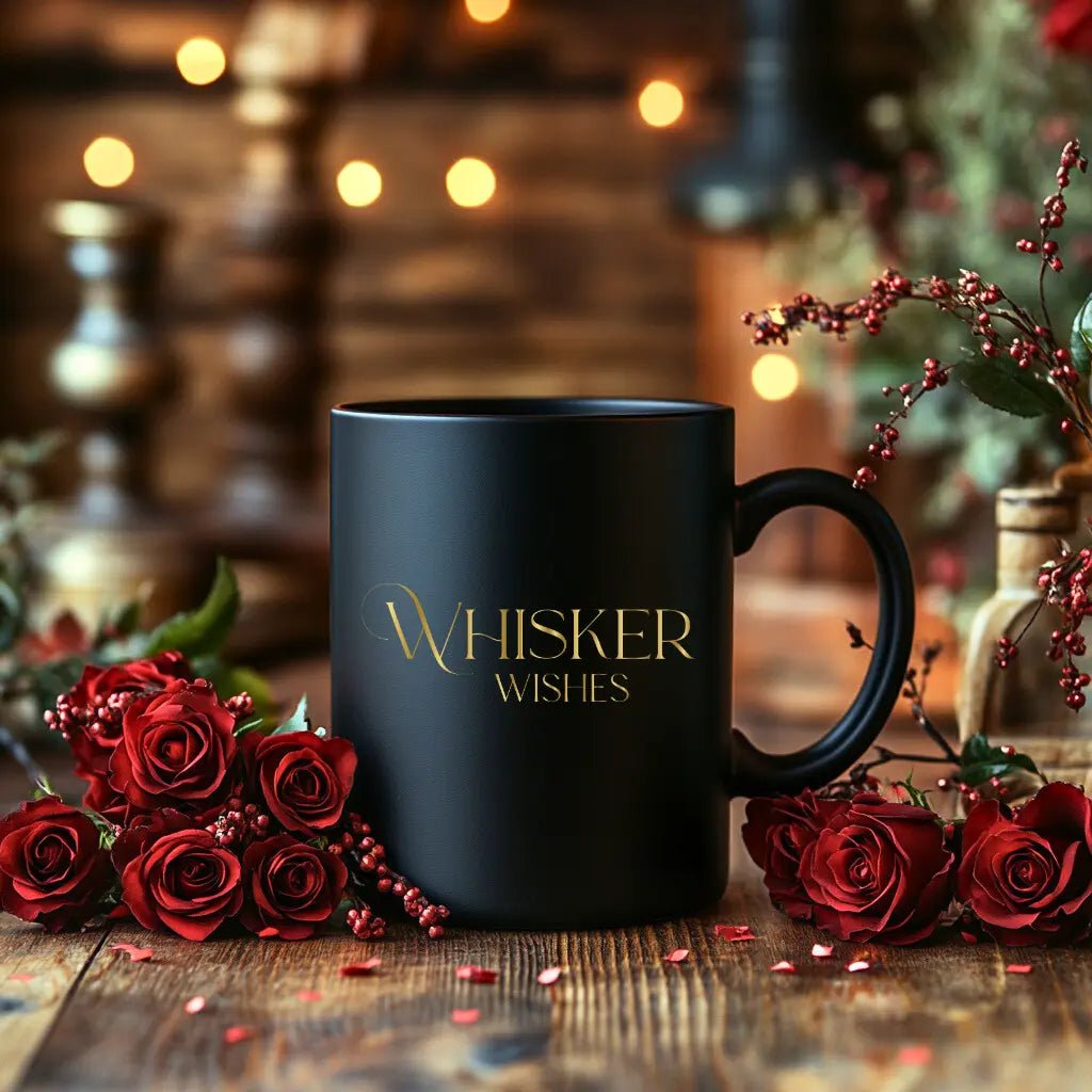 Whisker Wishes Black Coffee Mug — Elegant Gold Cat - Themed 11oz & 15oz Ceramic - Chic Kitty