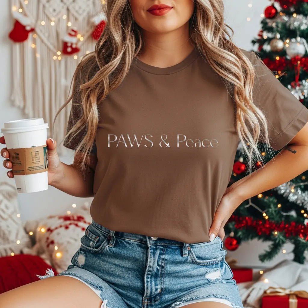 White Embossed 'Paws & Peace' Tee — Minimal Pet Lover T-Shirt - Chic Kitty