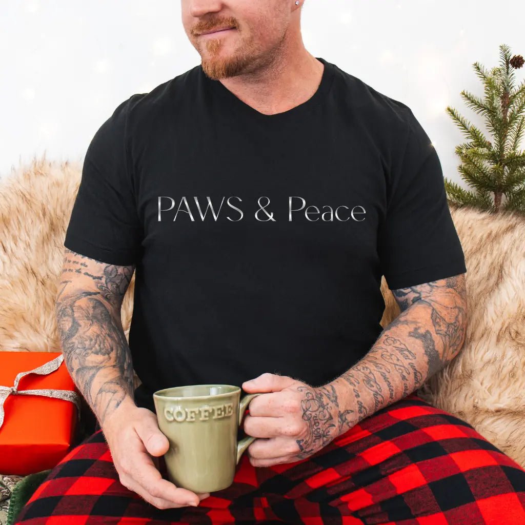 White Embossed 'Paws & Peace' Tee — Minimal Pet Lover T-Shirt - Chic Kitty