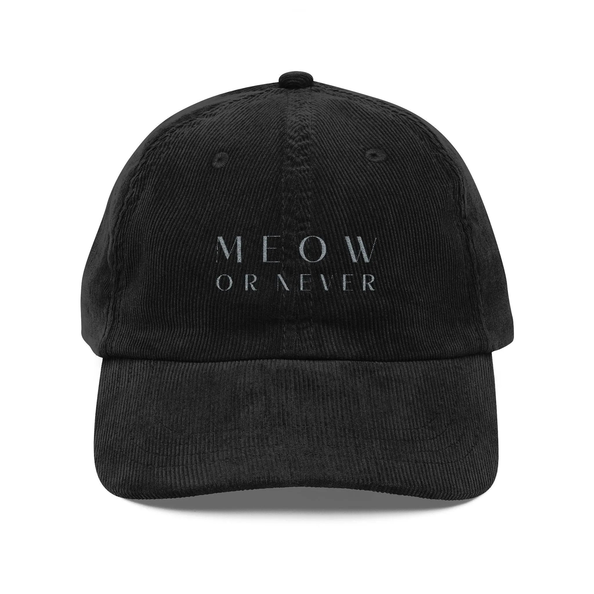 Vintage Corduroy Cap - 'MEOW OR NEVER' Embroidered Black Hat Printify