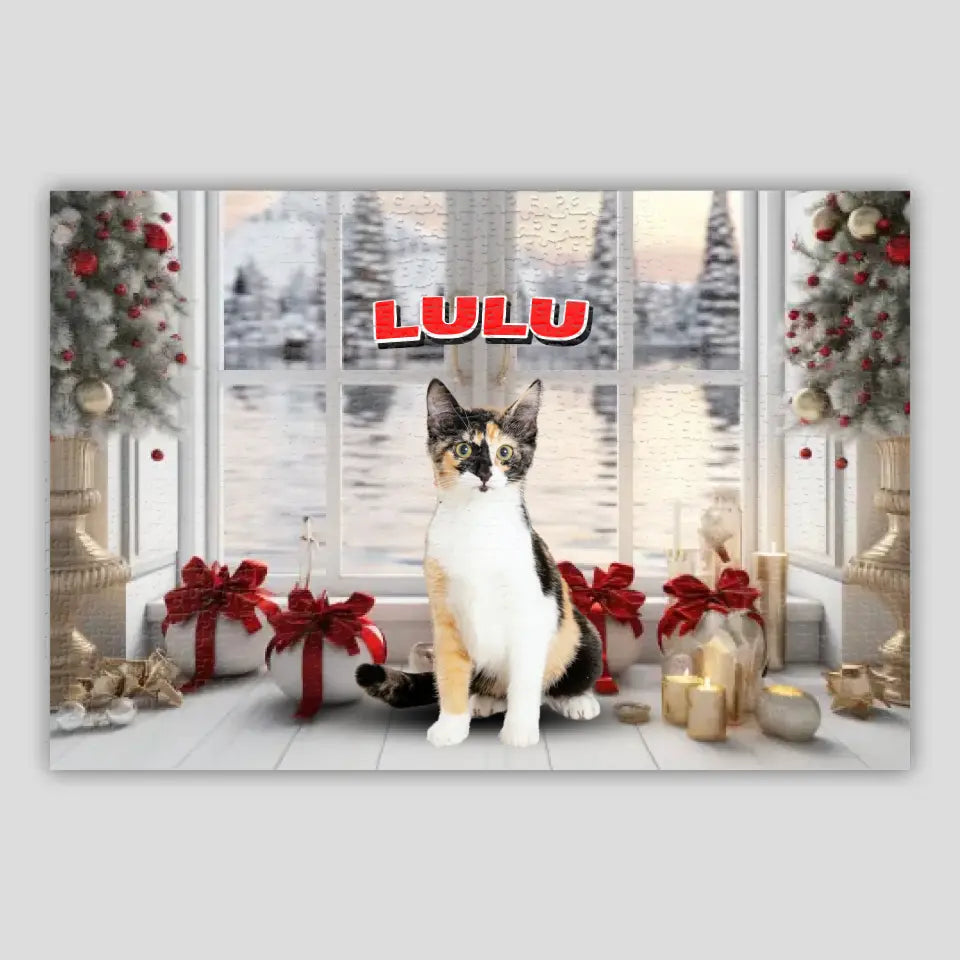 Personalized Christmas Backdrop Cat Photo Puzzle Printify