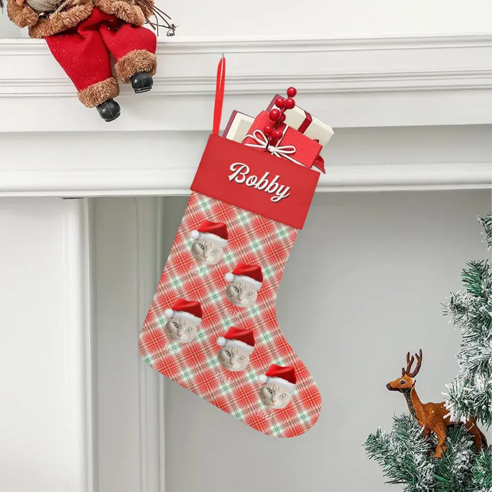 Custom Personalized Cat Photo Christmas Stocking - Holiday Linen Printify
