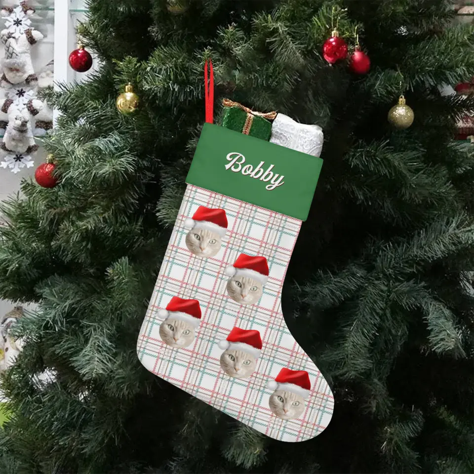 Custom Personalized Cat Photo Christmas Stocking - Holiday Linen Printify