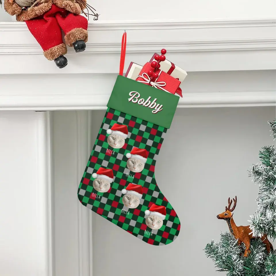 Custom Personalized Cat Photo Christmas Stocking - Holiday Linen Printify