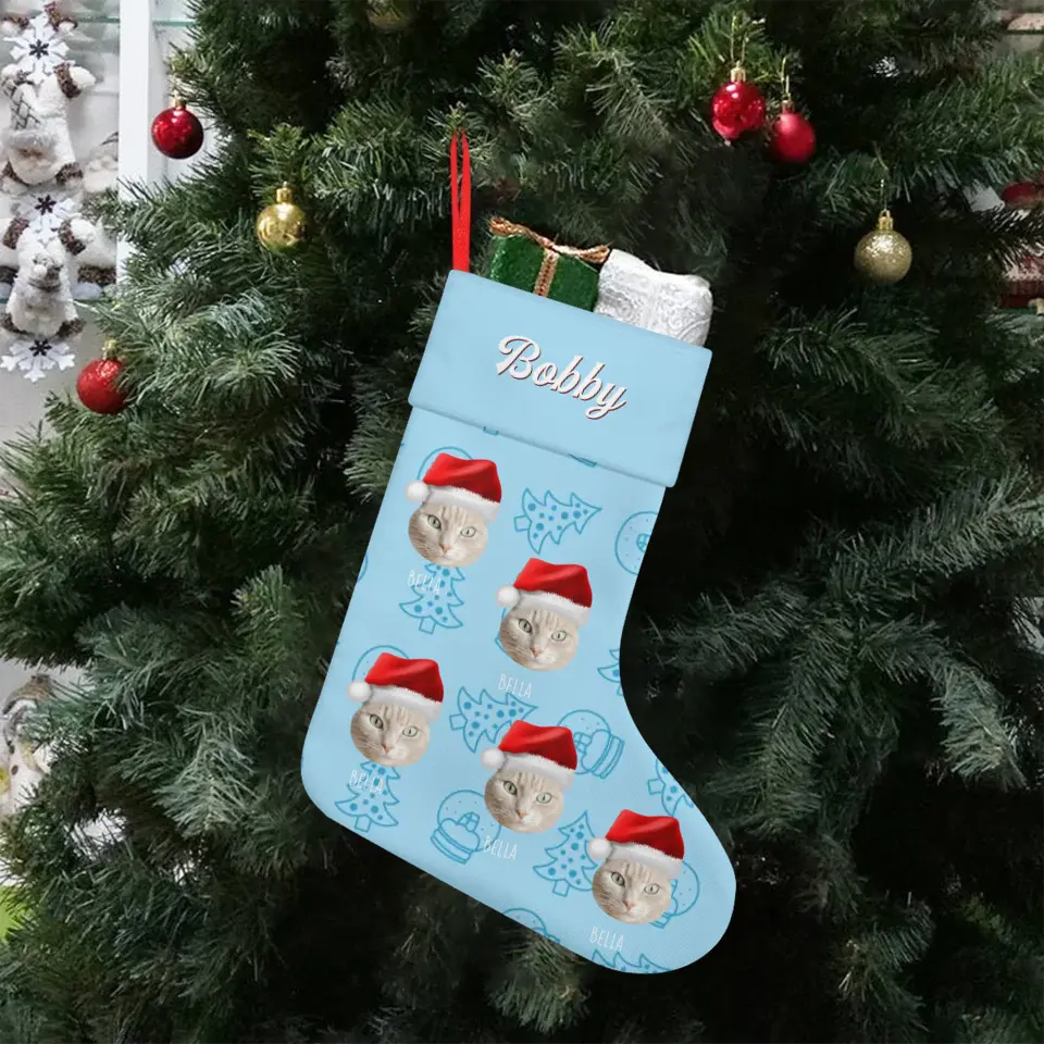 Custom Personalized Cat Photo Christmas Stocking - Holiday Linen Printify