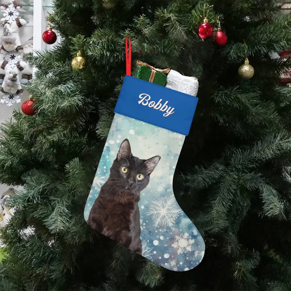 Custom Personalized Cat Photo Christmas Stocking - Holiday Linen Printify