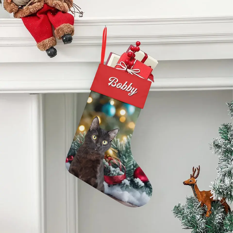 Custom Personalized Cat Photo Christmas Stocking - Holiday Linen Printify