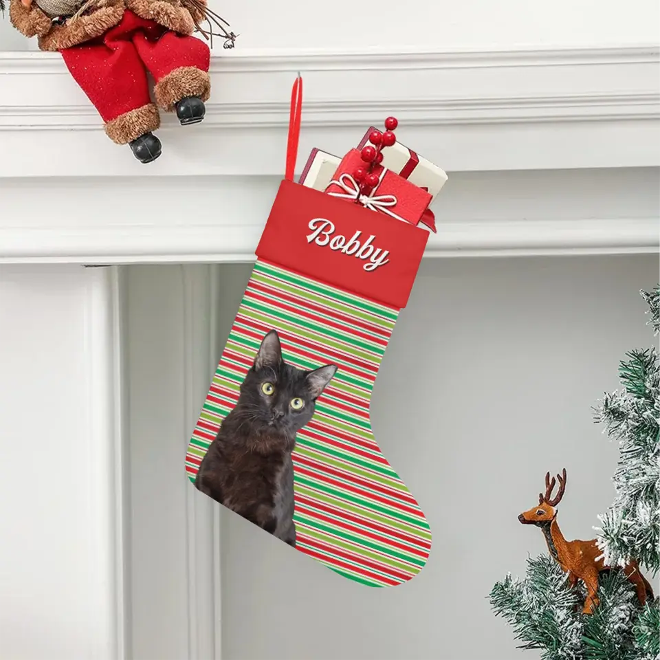 Custom Personalized Cat Photo Christmas Stocking - Holiday Linen Printify