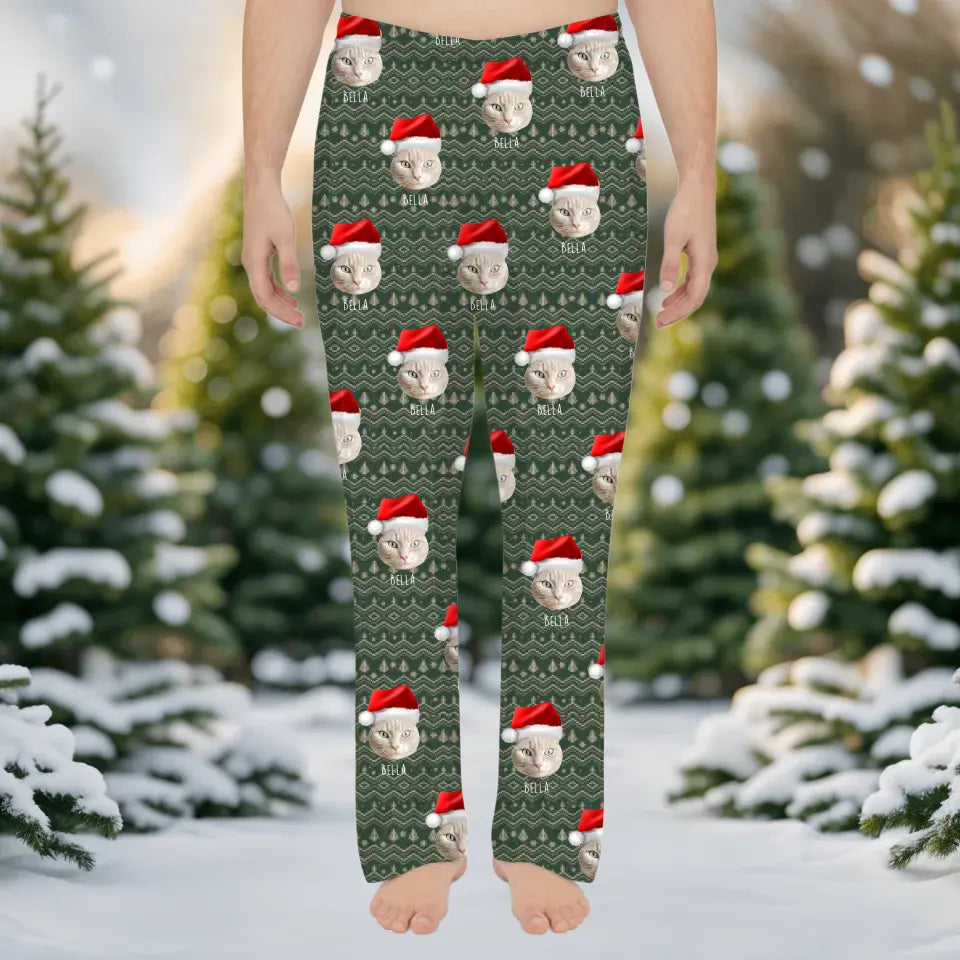 Custom Personalized Cat Photo Men's Christmas Pajama Pants - Holiday PJ's for Men Printify