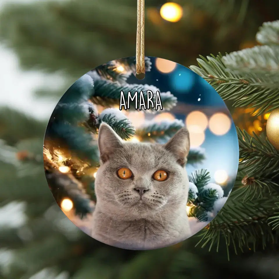 Custom Personalized Cat Photo Christmas Theme Ceramic Ornament - Holiday Pet Printify