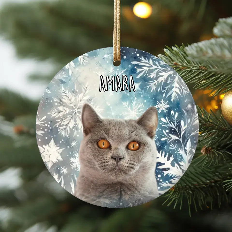 Custom Personalized Cat Photo Christmas Theme Ceramic Ornament - Holiday Pet Printify