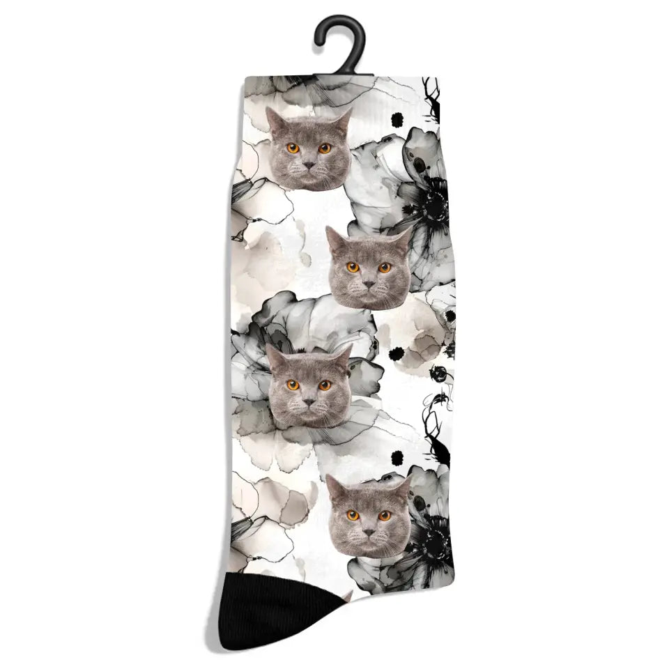 Personalized Flower Ink Pattern Cat Socks Printify