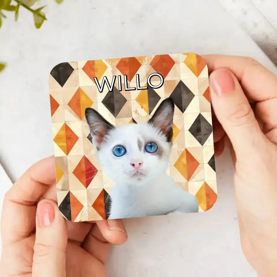 Custom Cat Photo Fall Geometric Pattern Coasters - Gifts for Cat Lovers Printify