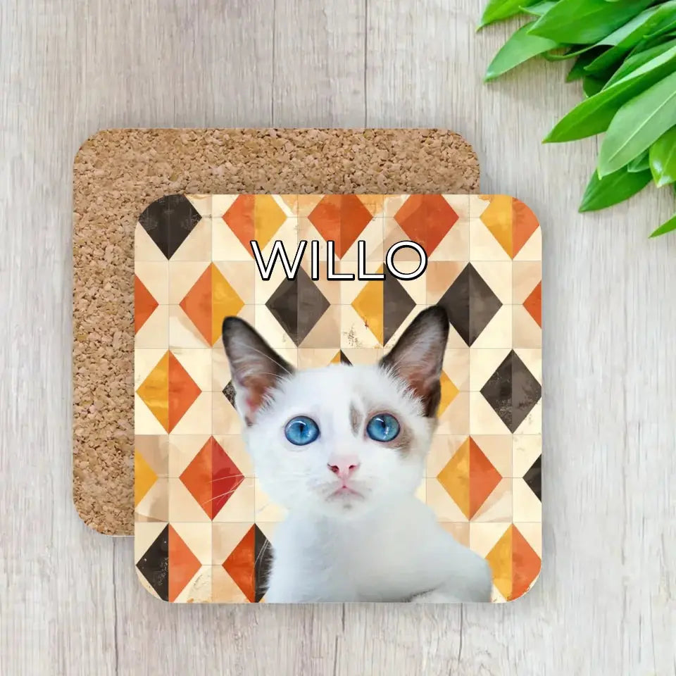 Custom Cat Photo Fall Geometric Pattern Coasters - Gifts for Cat Lovers Printify