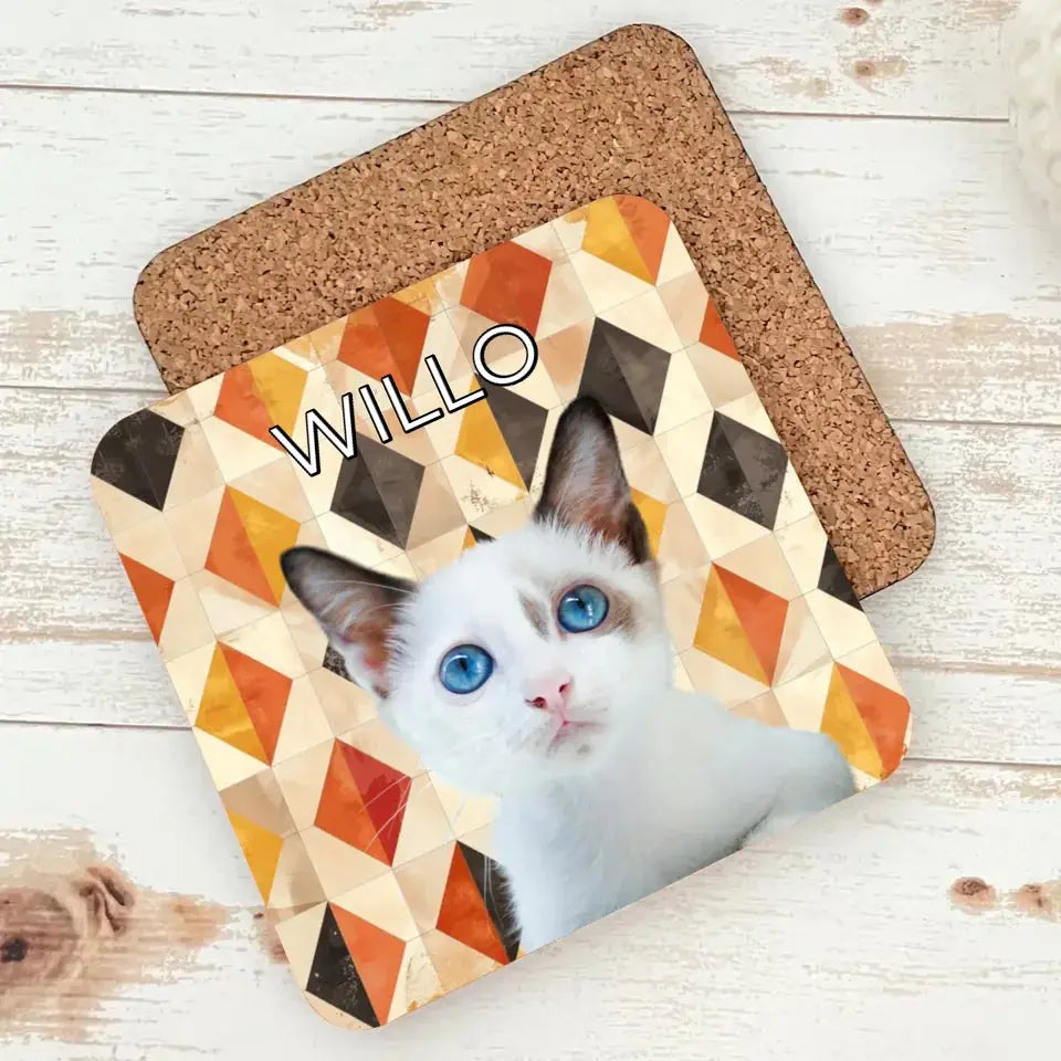 Custom Cat Photo Fall Geometric Pattern Coasters - Gifts for Cat Lovers Printify