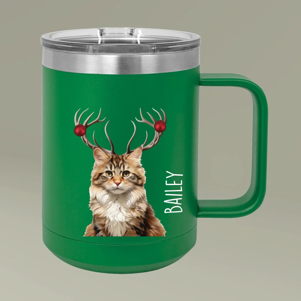 Custom Personalized Cat Photo Holiday Reindeer Coffee Mug Tumbler 15oz