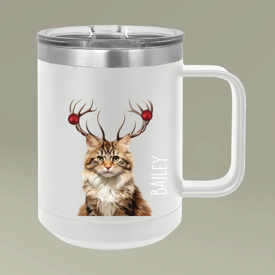 Custom Personalized Cat Photo Holiday Reindeer Coffee Mug Tumbler 15oz