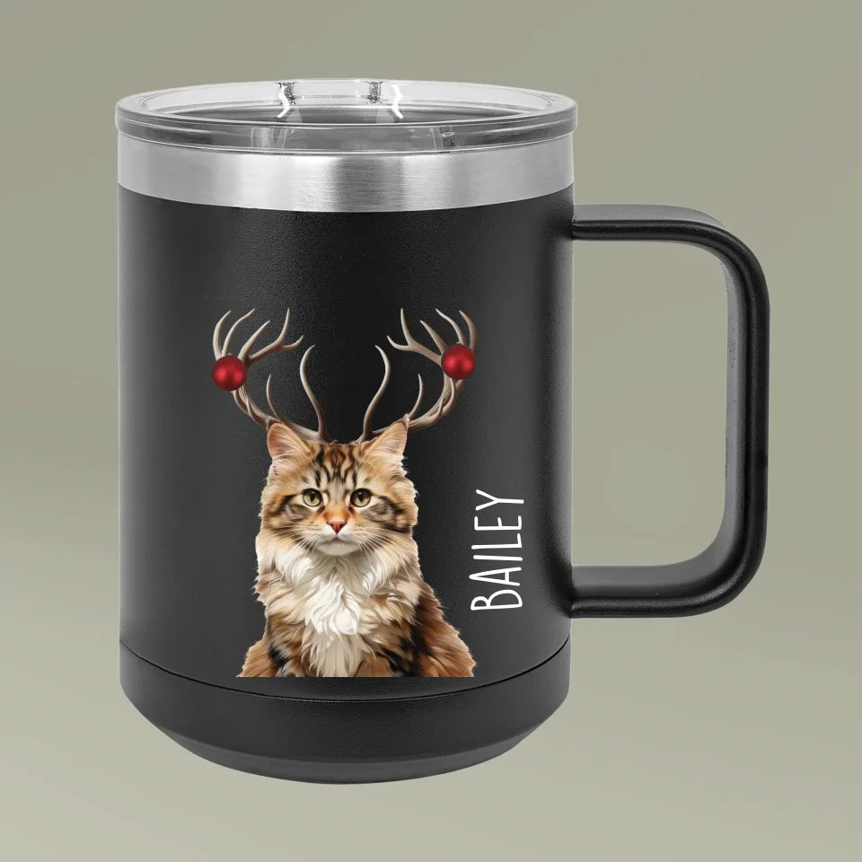 Custom Personalized Cat Photo Holiday Reindeer Coffee Mug Tumbler 15oz