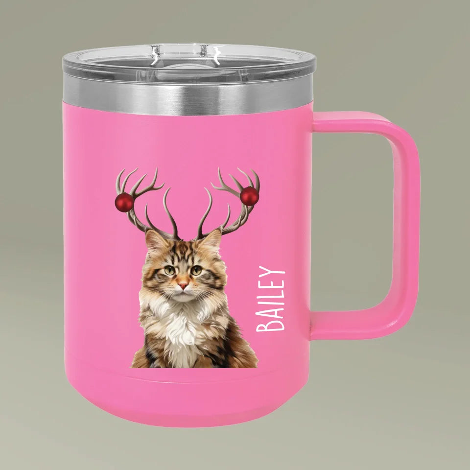 Custom Personalized Cat Photo Holiday Reindeer Coffee Mug Tumbler 15oz