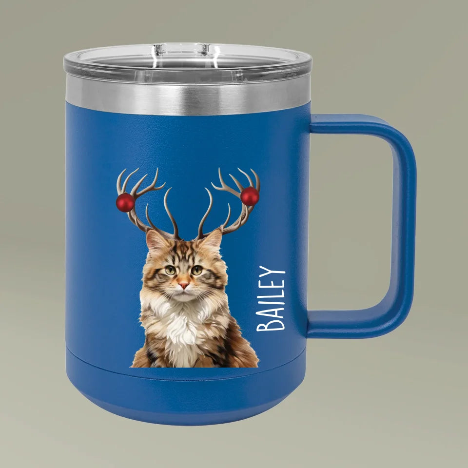 Custom Personalized Cat Photo Holiday Reindeer Coffee Mug Tumbler 15oz