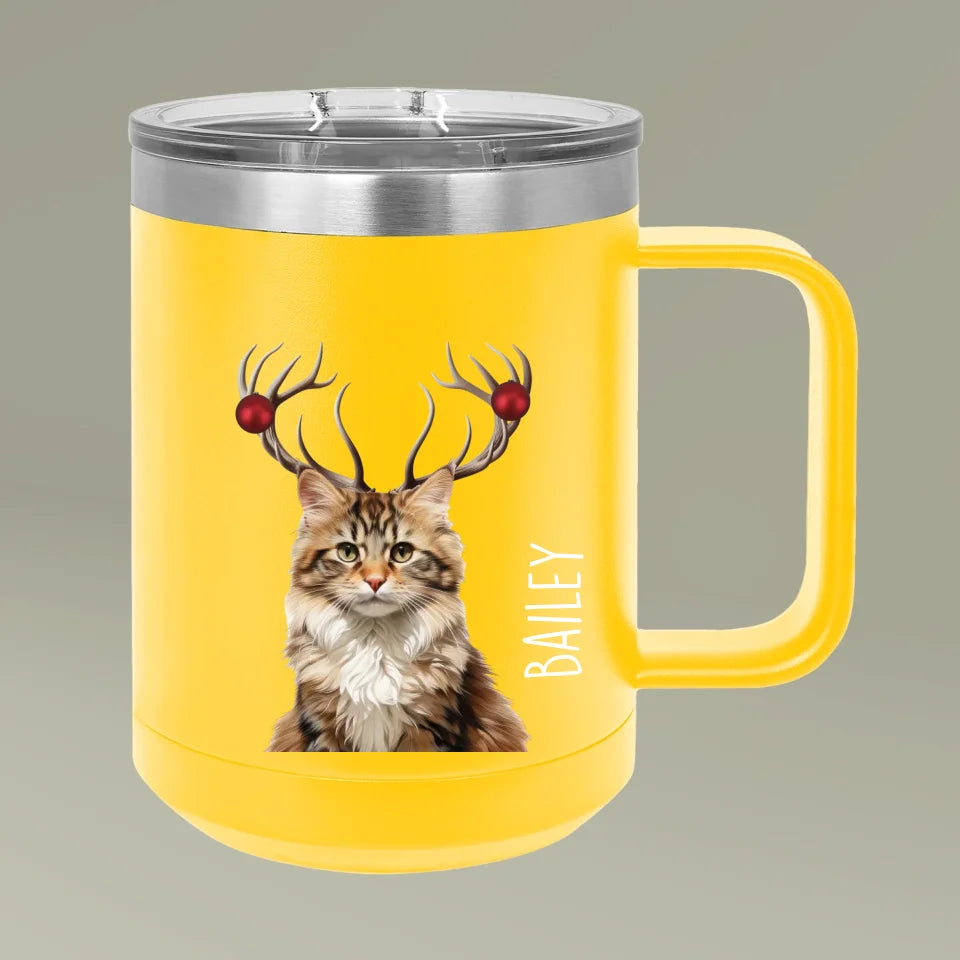 Custom Personalized Cat Photo Holiday Reindeer Coffee Mug Tumbler 15oz