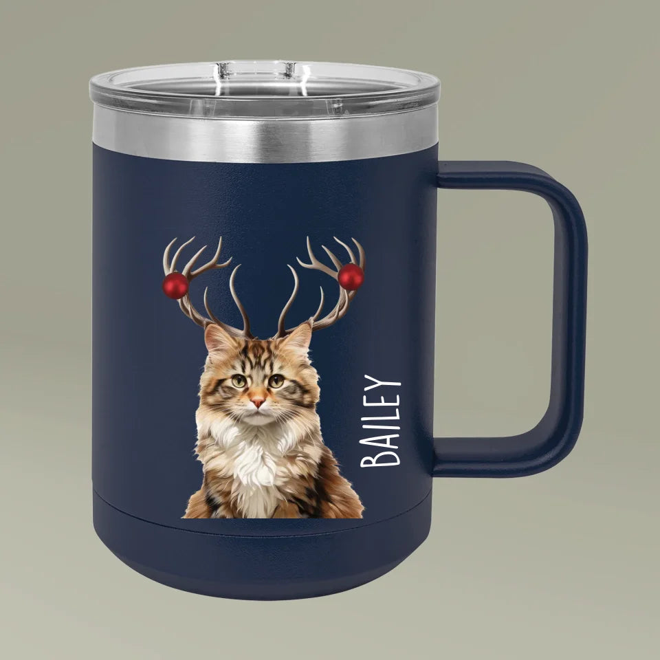 Custom Personalized Cat Photo Holiday Reindeer Coffee Mug Tumbler 15oz