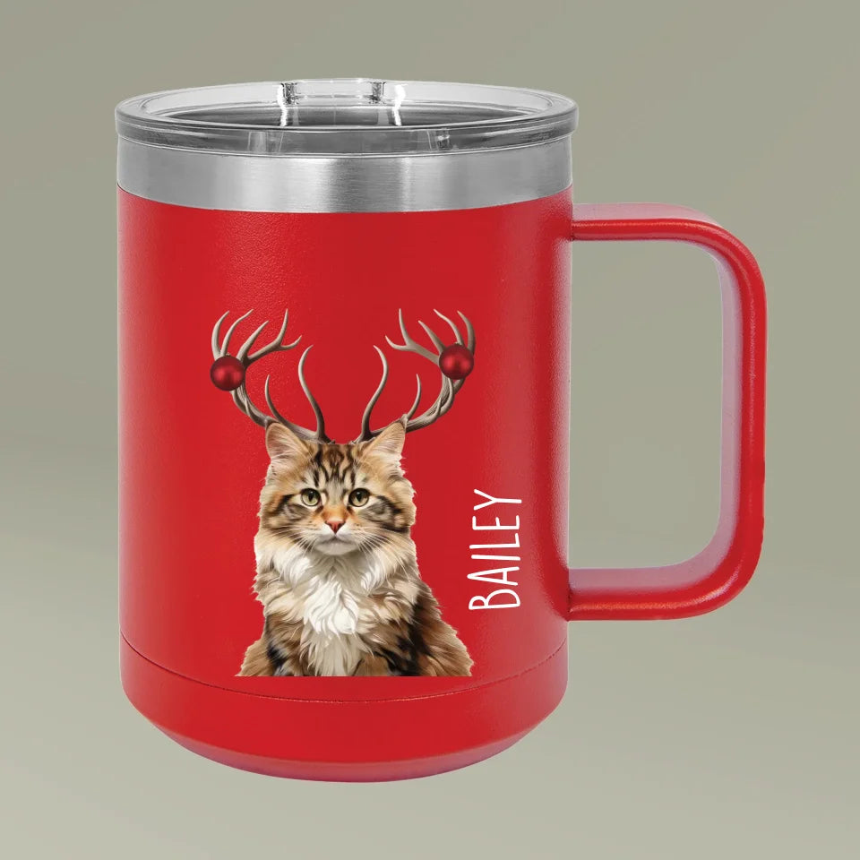 Custom Personalized Cat Photo Holiday Reindeer Coffee Mug Tumbler 15oz