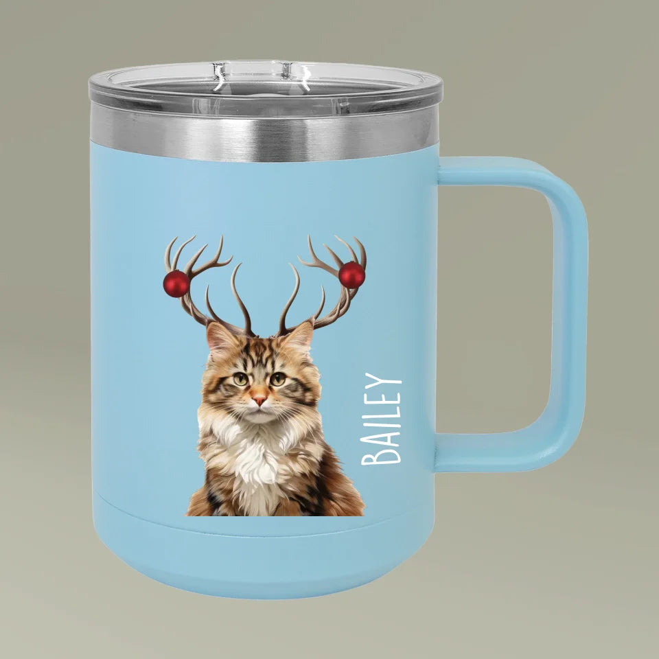 Custom Personalized Cat Photo Holiday Reindeer Coffee Mug Tumbler 15oz