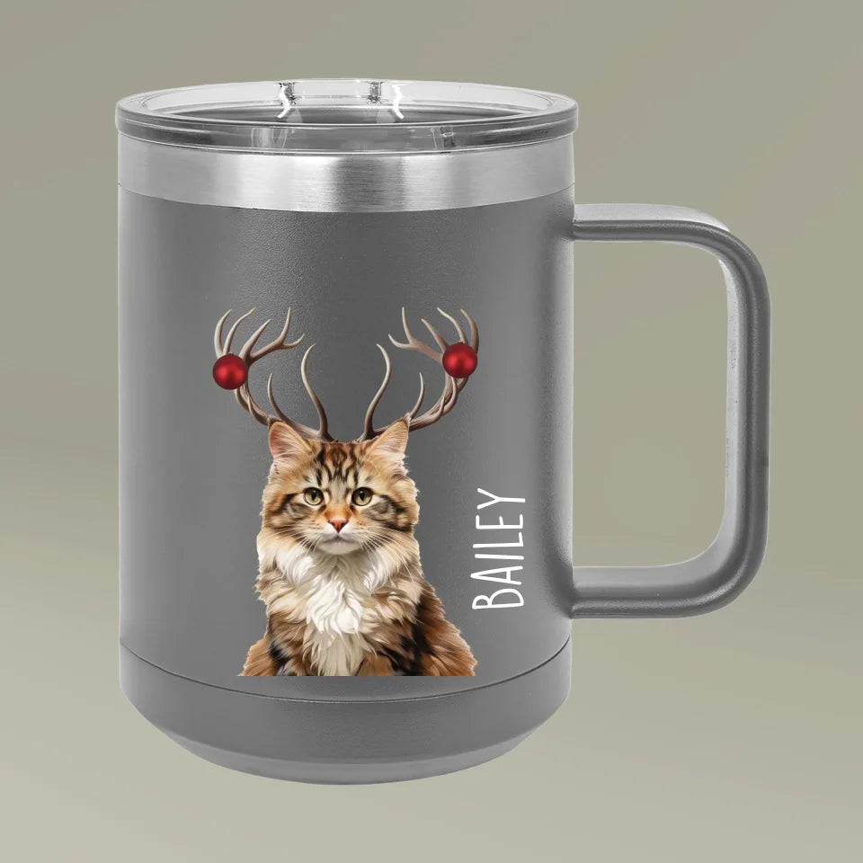 Custom Personalized Cat Photo Holiday Reindeer Coffee Mug Tumbler 15oz