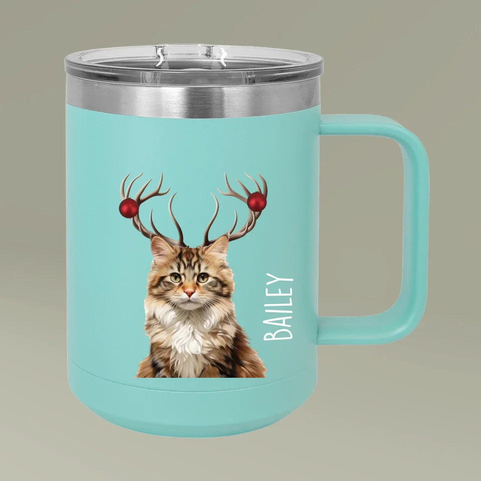 Custom Personalized Cat Photo Holiday Reindeer Coffee Mug Tumbler 15oz