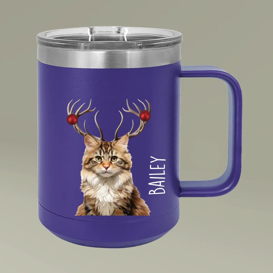 Custom Personalized Cat Photo Holiday Reindeer Coffee Mug Tumbler 15oz