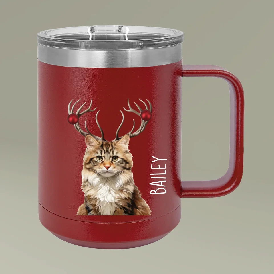 Custom Personalized Cat Photo Holiday Reindeer Coffee Mug Tumbler 15oz